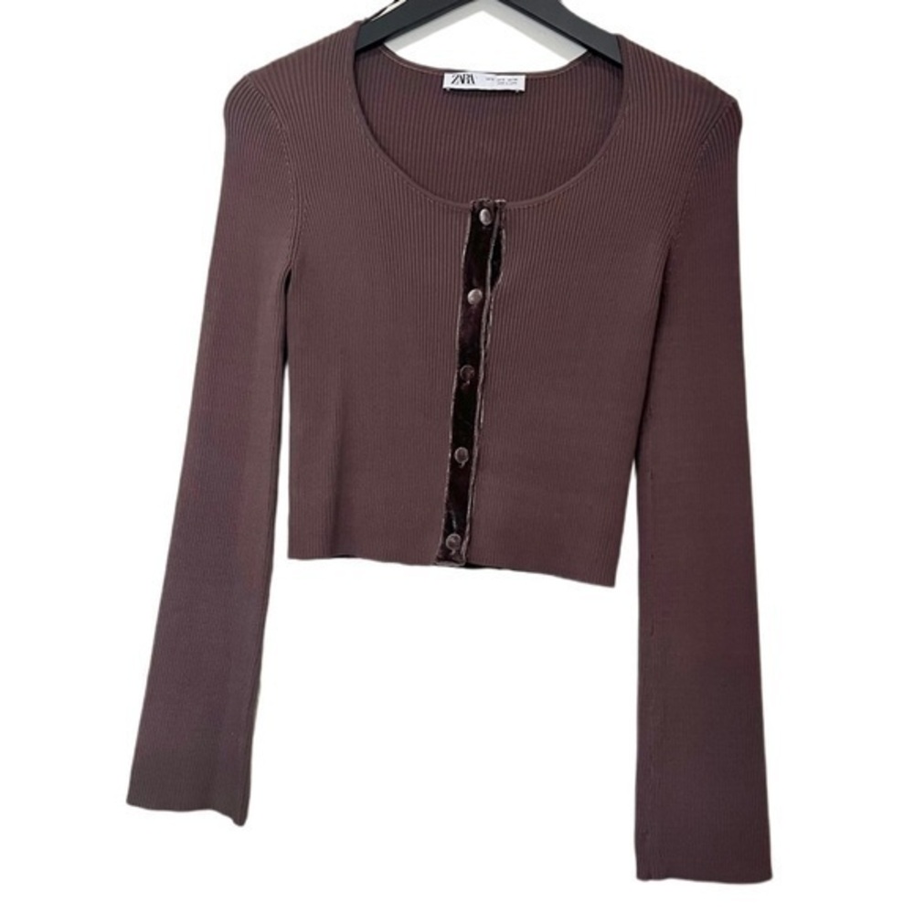 Zara Contrasting Knit Cardigan Ribbed Velvet Buttons Brown